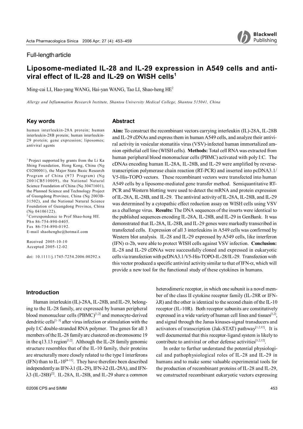 Liposome-Mediated IL-28 and IL-29 Expression in A549 Cells and Anti- Viral Effect of IL-28 and IL-29 on WISH Cells1