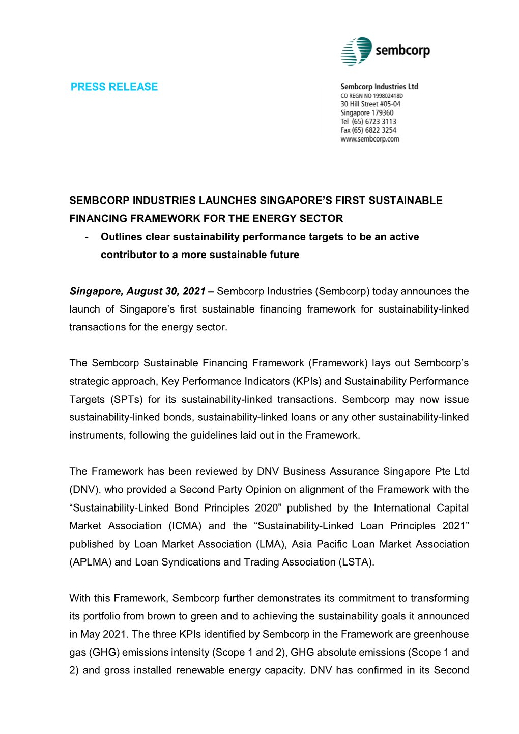 Press Release Sembcorp Industries Launches