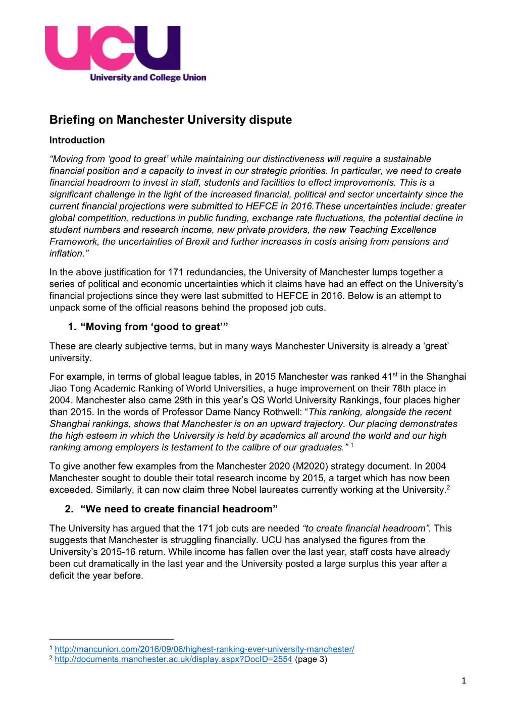 Briefing on Manchester University Dispute