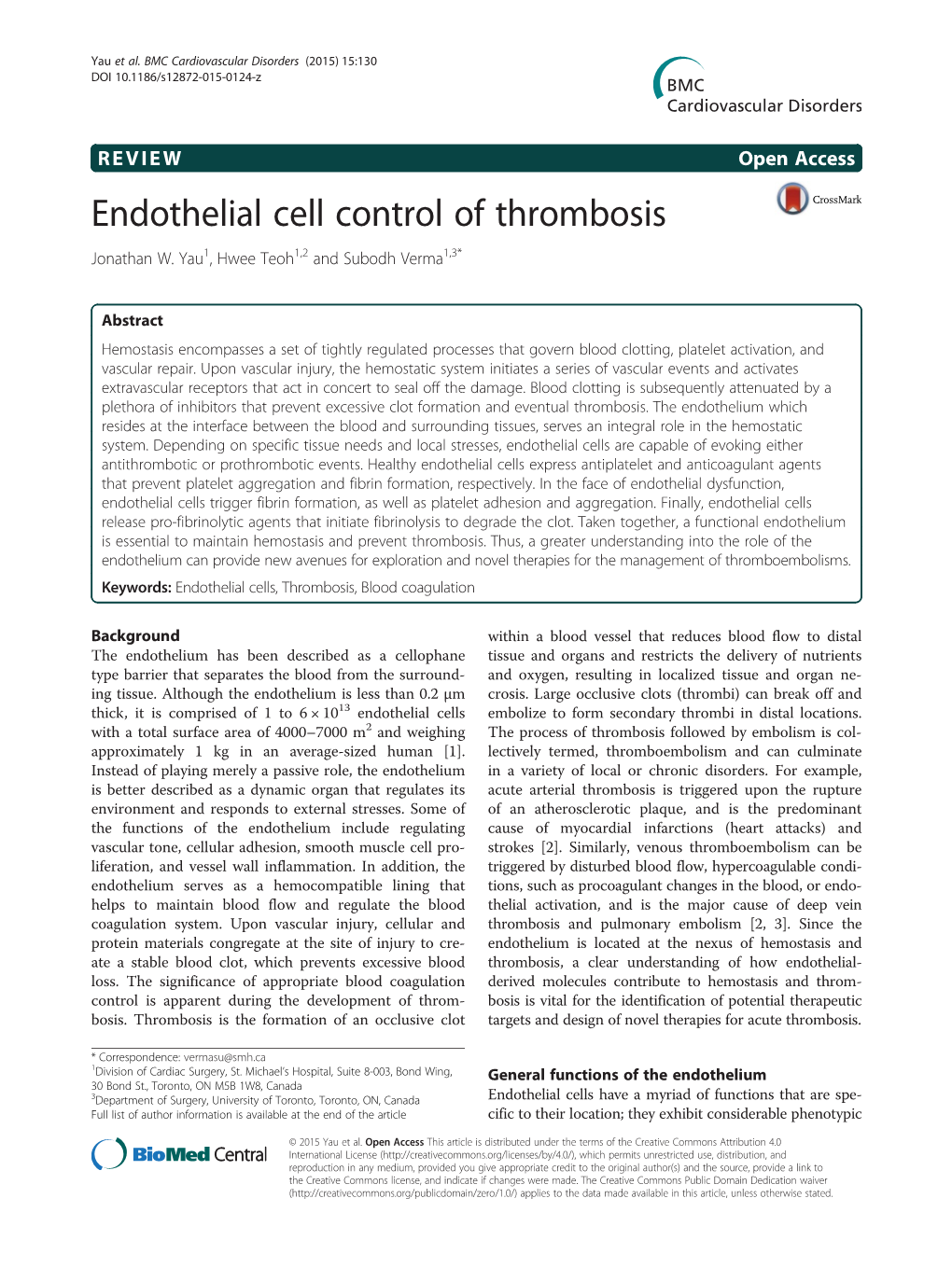 Endothelial Cell Control of Thrombosis Jonathan W