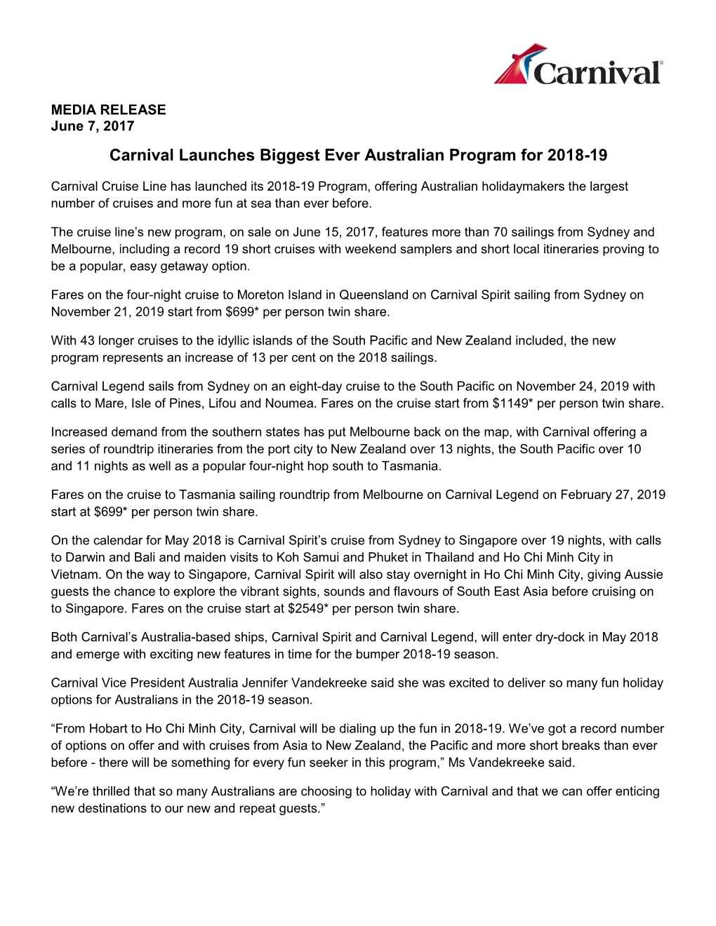 Carnival Launches Biggest Ever Australian Program for 2018-19