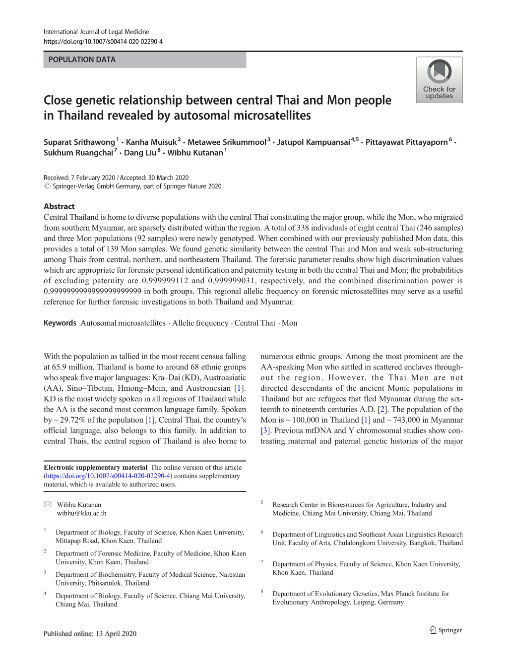 Close Genetic Relationship Between Central Thai and Mon People in Thailand Revealed by Autosomal Microsatellites