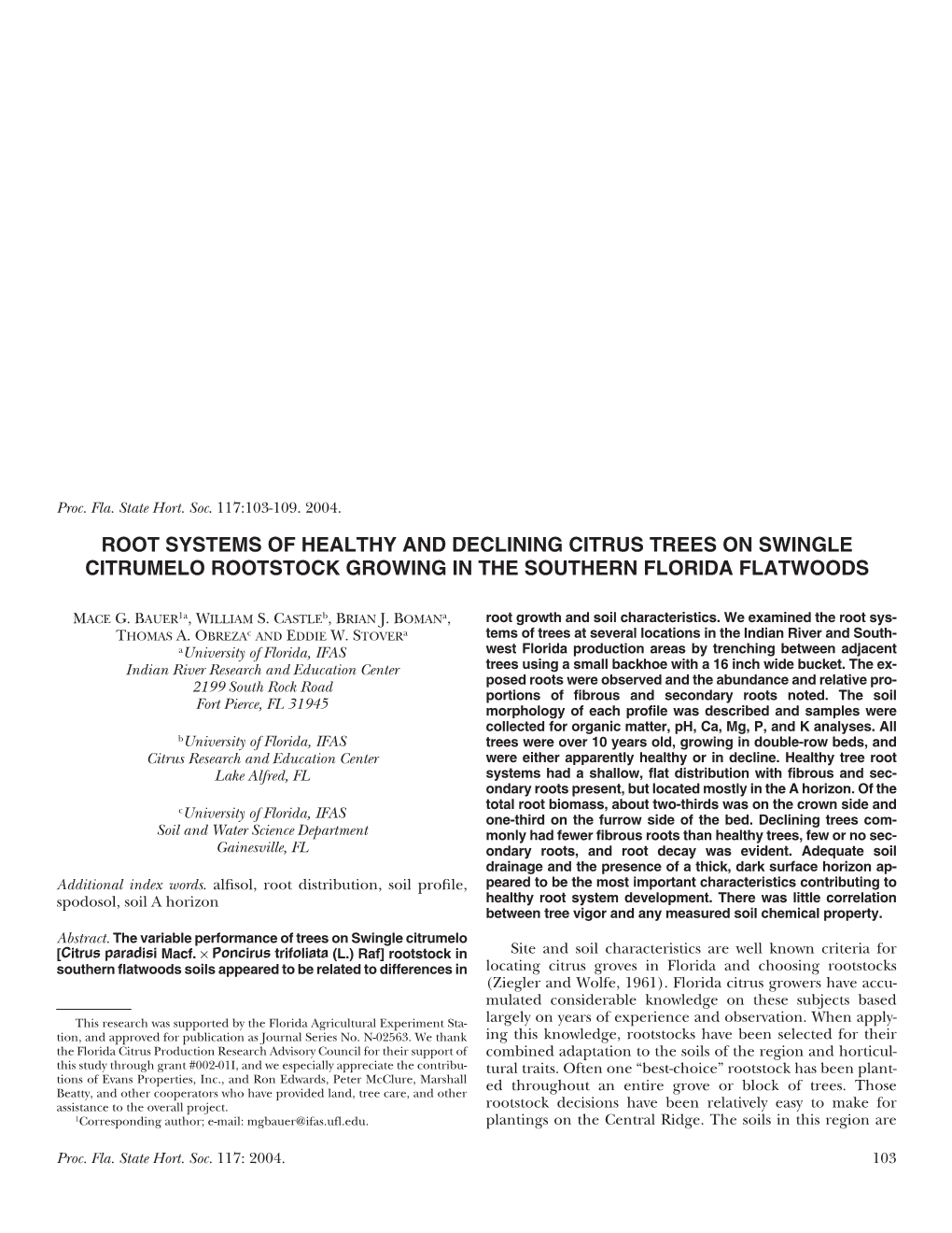 Root Systems of Healthy and Declining Citrus Trees on Swingle Citrumelo Rootstock Growing in the Southern Florida Flatwoods