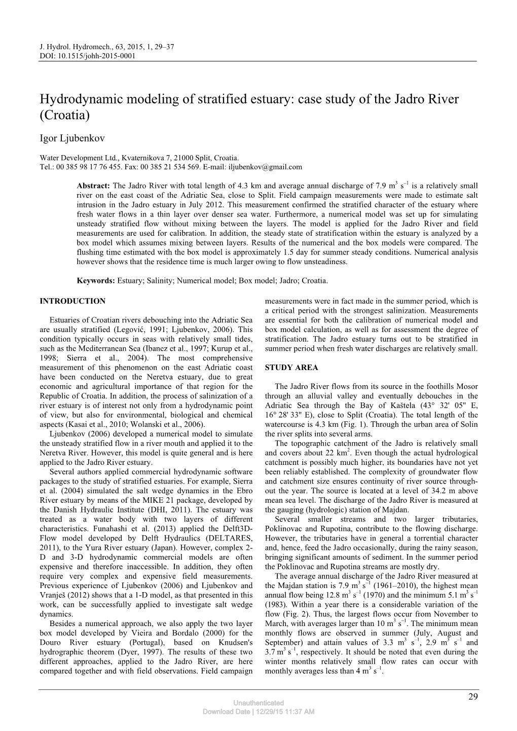 Hydrodynamic Modeling of Stratified Estuary: Case Study of the Jadro River (Croatia)