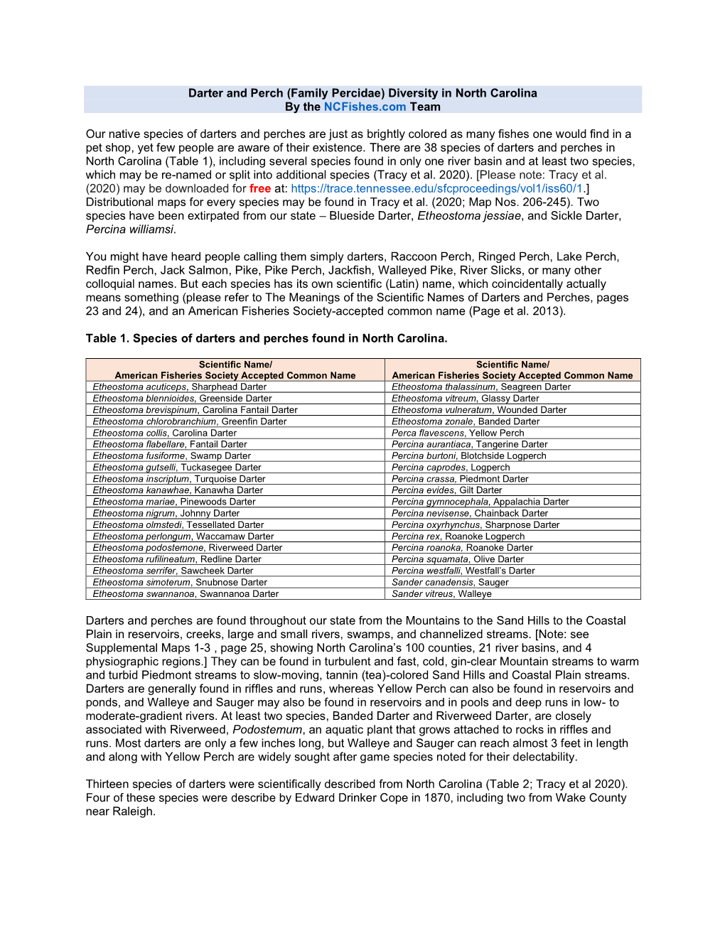 Darter and Perch (Family Percidae) Diversity in North Carolina by the Ncfishes.Com Team