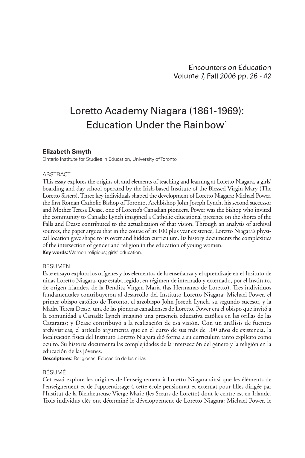 Loretto Academy Niagara (1861-1969): Education Under the Rainbow 1