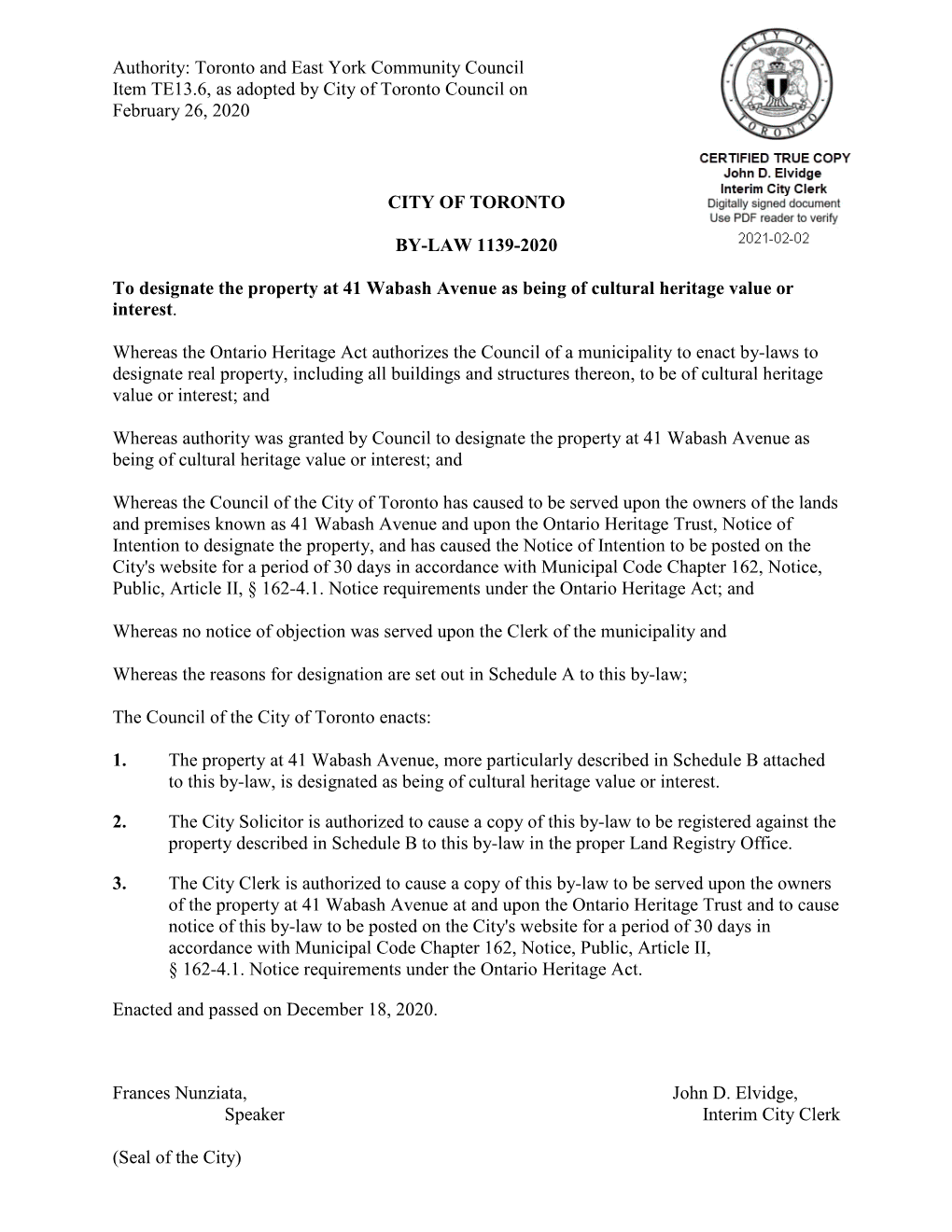 Authority: Toronto and East York Community Council Item TE13.6, As Adopted by City of Toronto Council on February 26, 2020