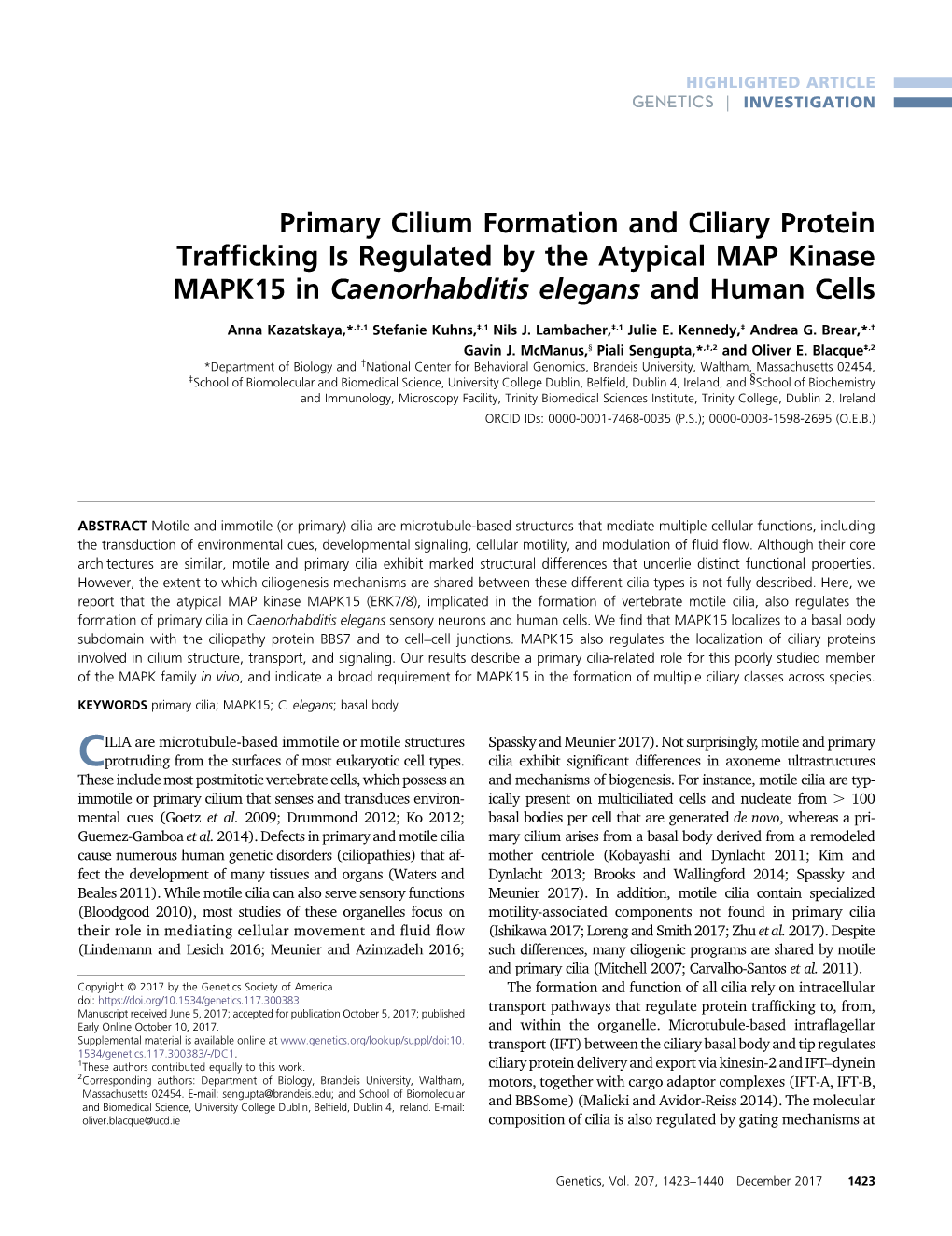 Primary Cilium Formation and Ciliary Protein Trafficking Is Regulated By