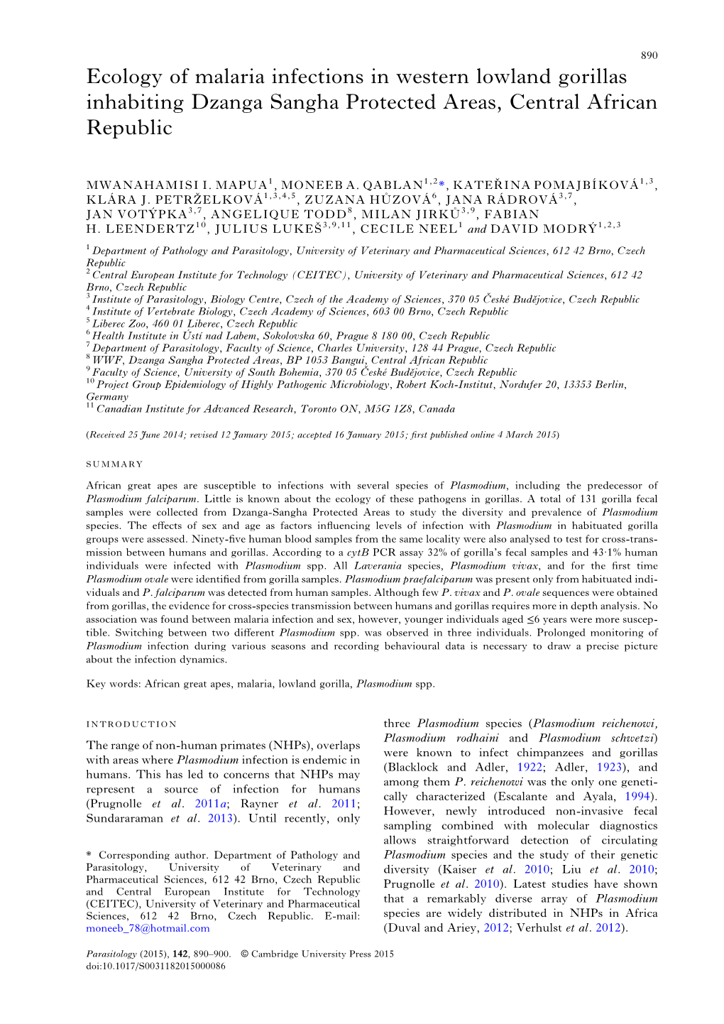 Ecology of Malaria Infections in Western Lowland Gorillas Inhabiting Dzanga Sangha Protected Areas, Central African Republic