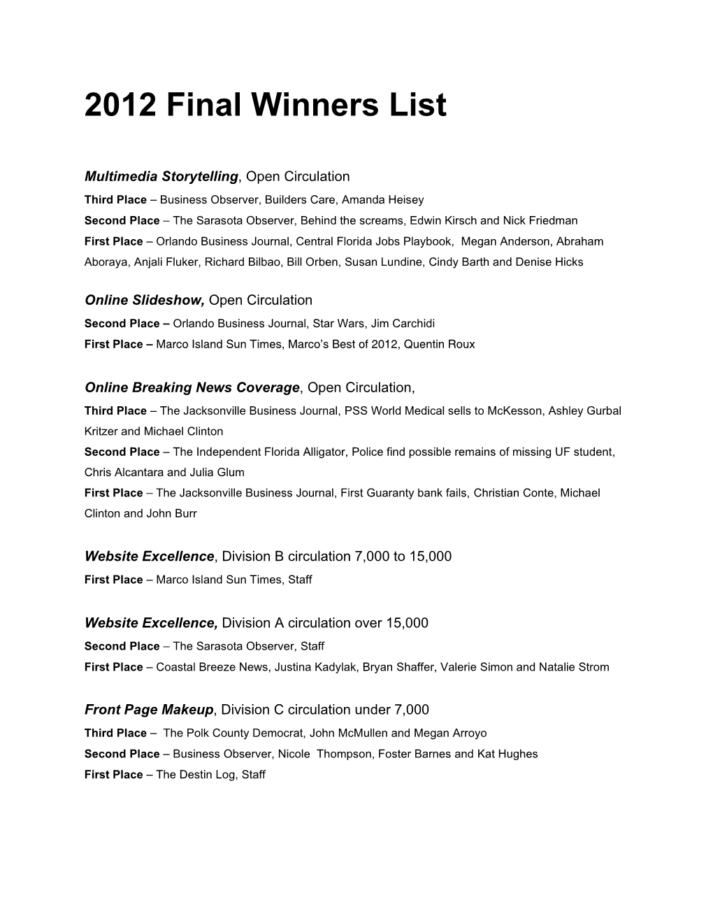 2012 Final Winners List