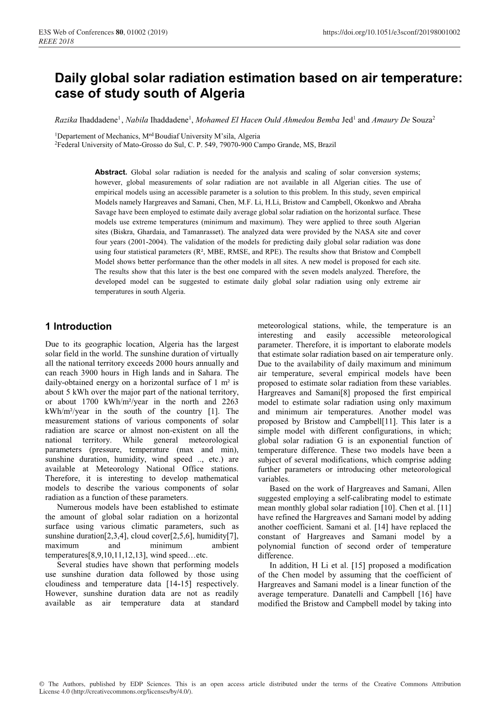 Daily Global Solar Radiation Estimation Based on Air Temperature: Case of Study South of Algeria