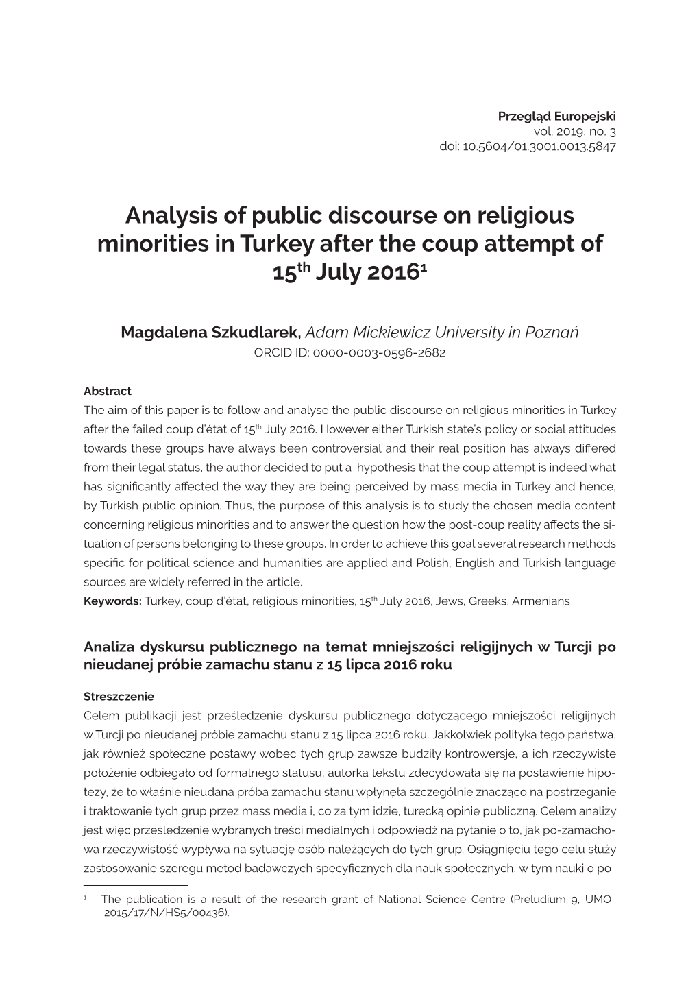 Analysis of Public Discourse on Religious Minorities in Turkey After the Coup Attempt of 15Th July 20161
