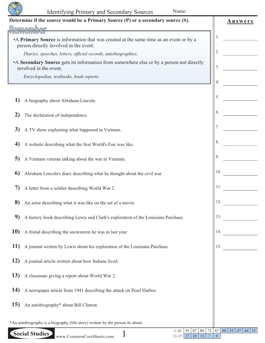 Answers Social Studies Identifying Primary and Secondary Sources