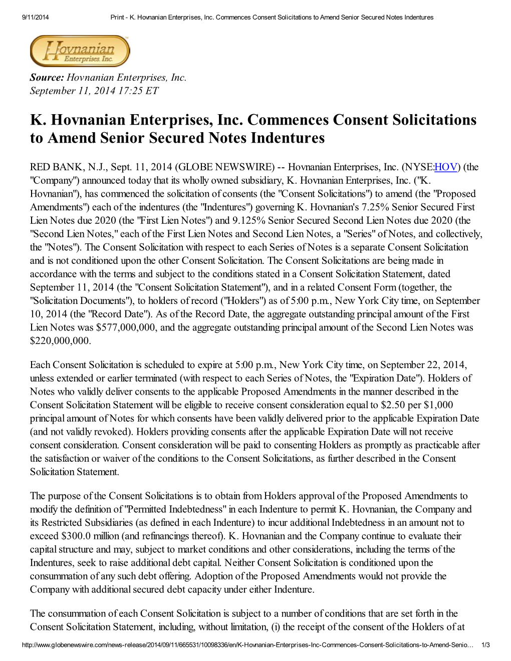 K. Hovnanian Enterprises, Inc. Commences Consent Solicitations to Amend Senior Secured Notes Indentures