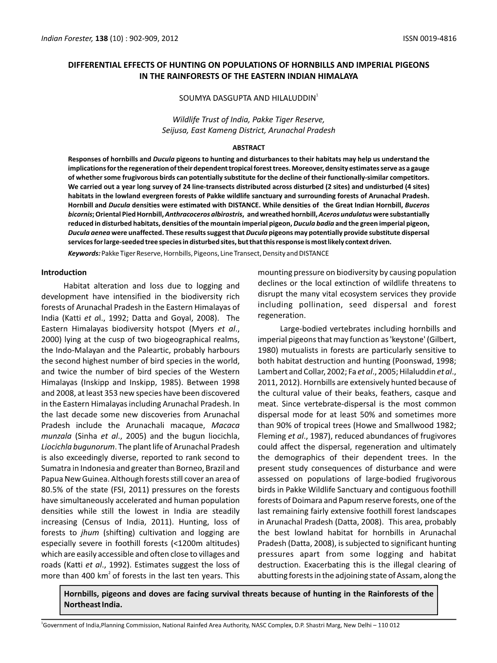 Differential Effects of Hunting on Populations of Hornbills and Imperial Pigeons in the Rainforests of the Eastern Indian Himala