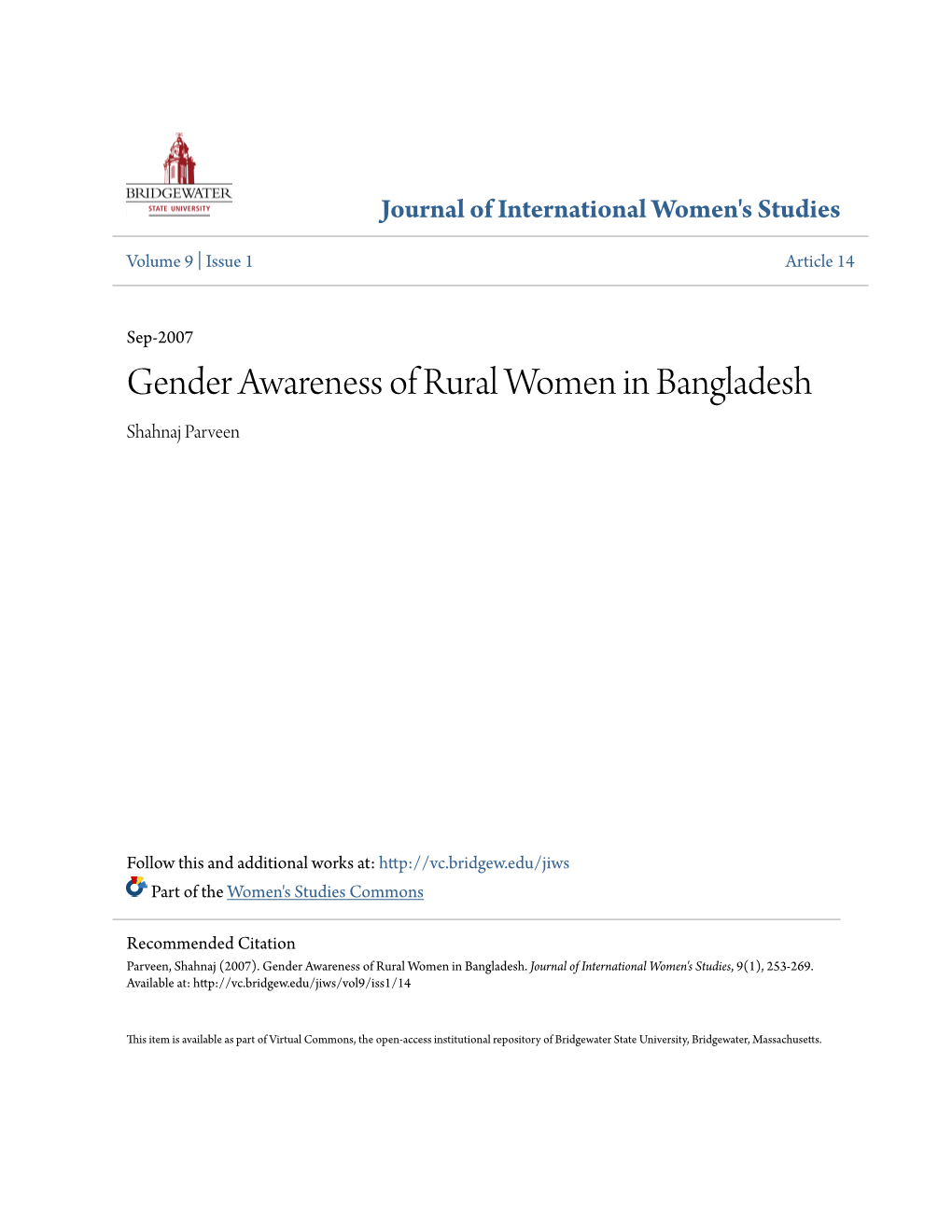 Gender Awareness of Rural Women in Bangladesh Shahnaj Parveen