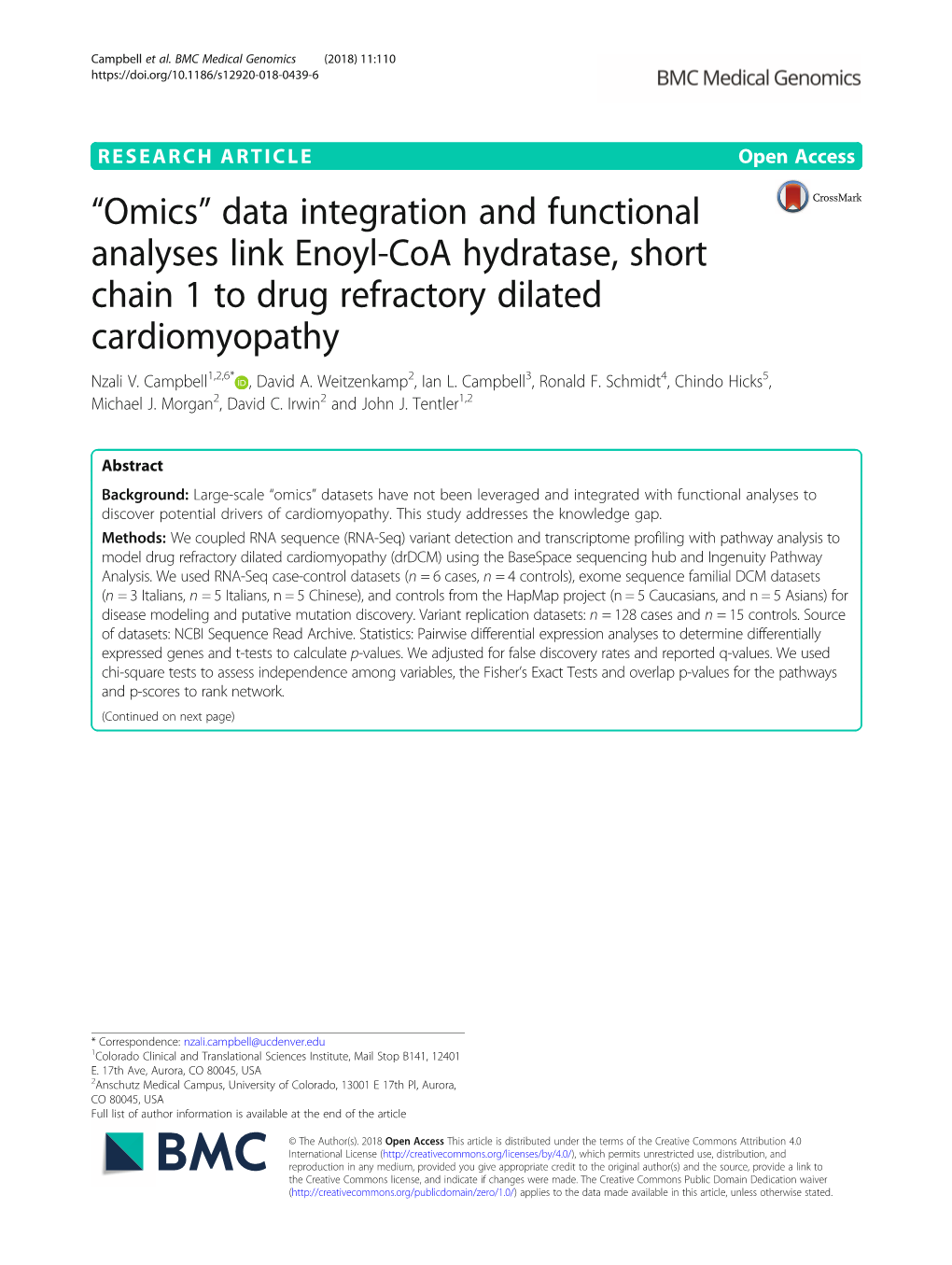 “Omics” Data Integration and Functional Analyses Link Enoyl-Coa Hydratase, Short Chain 1 to Drug Refractory Dilated Cardiomyopathy Nzali V