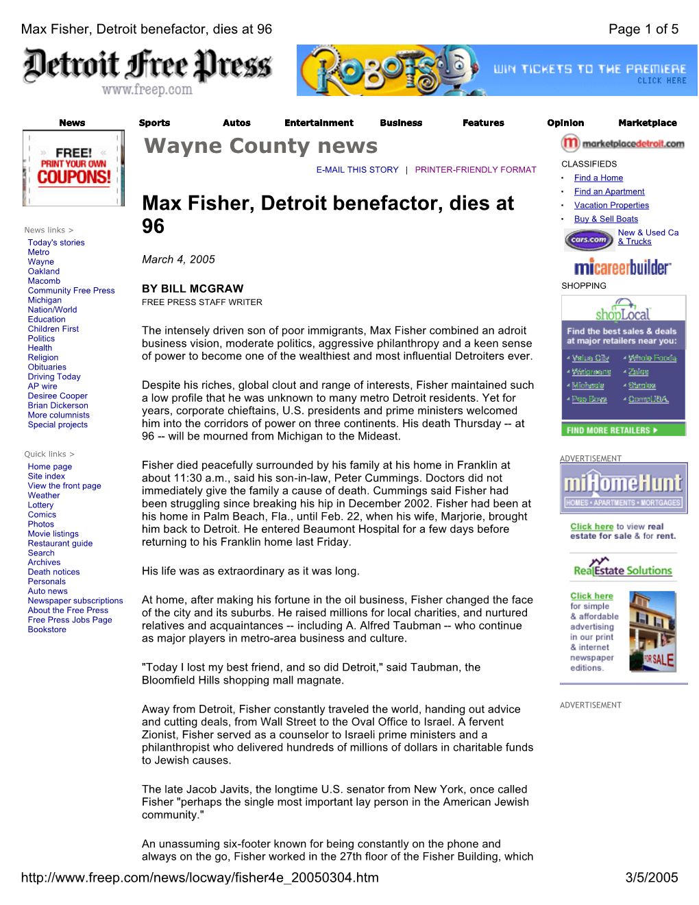 Max Fisher, Detroit Benefactor, Dies at 96 Wayne County News