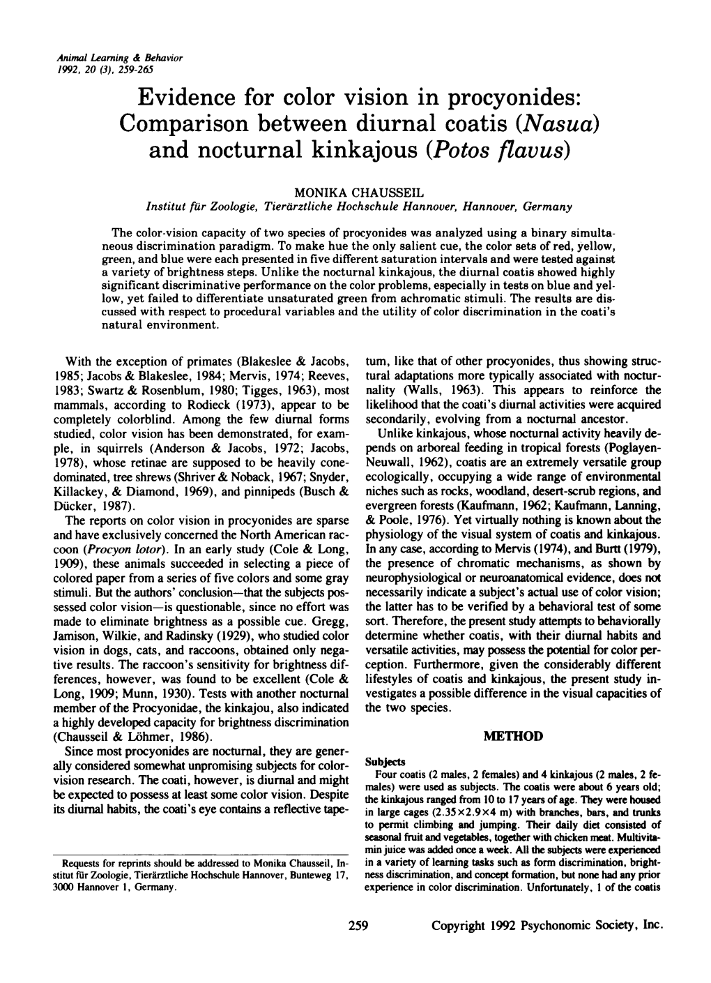 Evidence for Color Vision in Procyonides: Comparison Between Diurnal Coatis (Nasua) and Nocturnal Kinkajous (Potos Flavus)