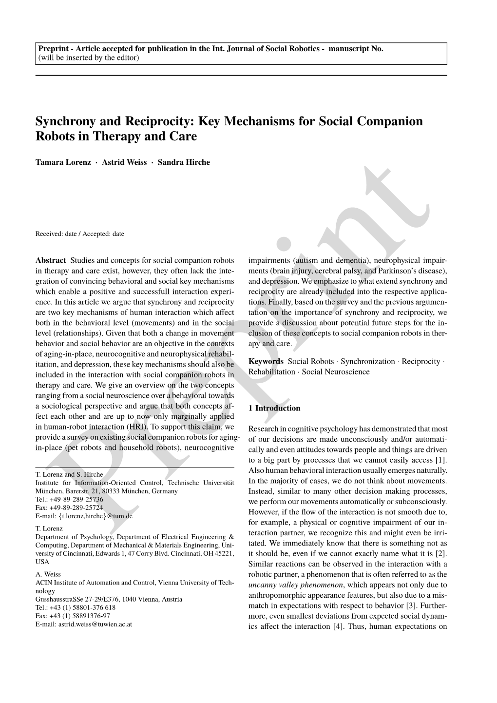 Synchrony and Reciprocity: Key Mechanisms for Social Companion Robots in Therapy and Care