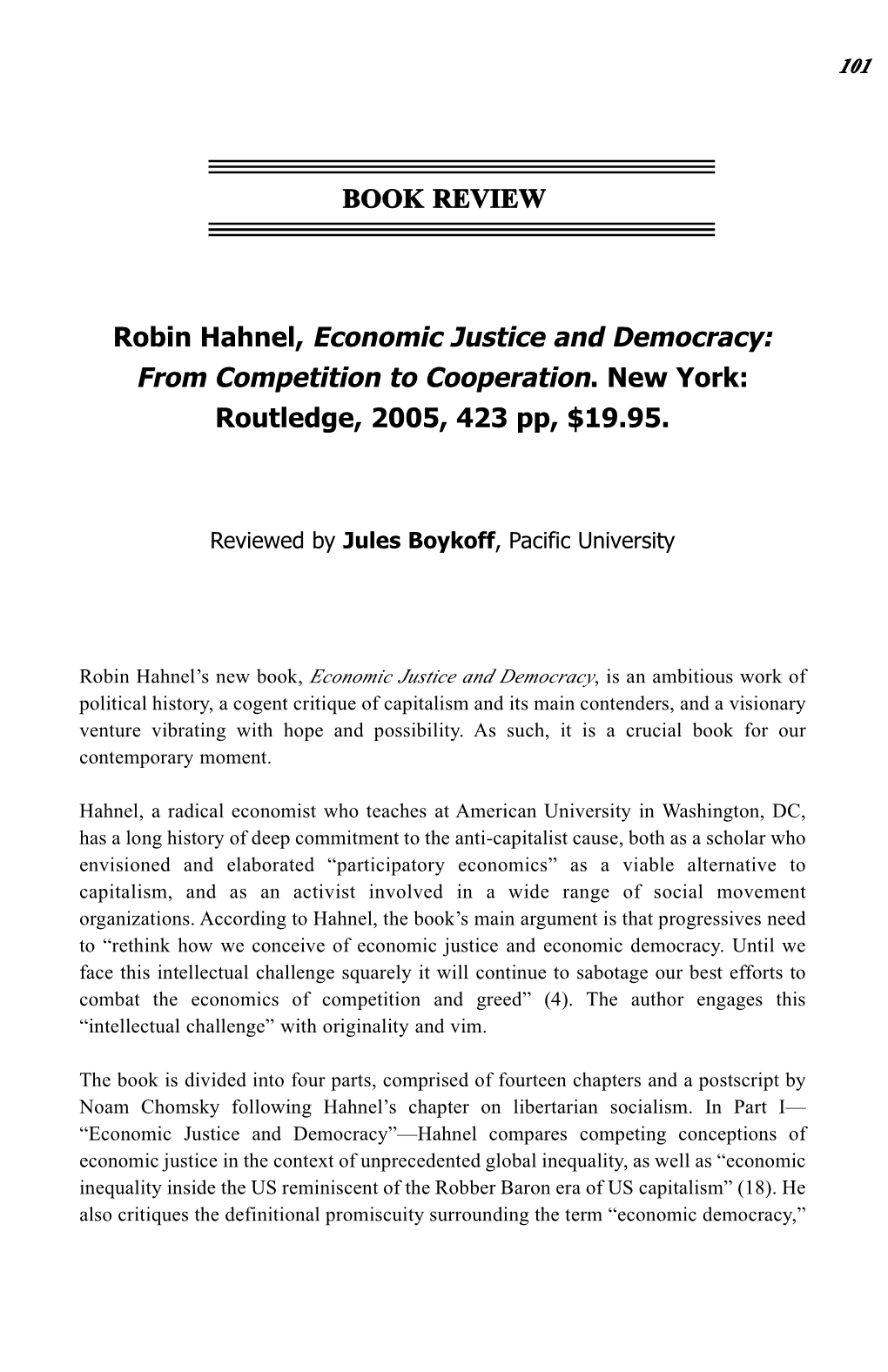 BOOK REVIEW Robin Hahnel, Economic Justice and Democracy