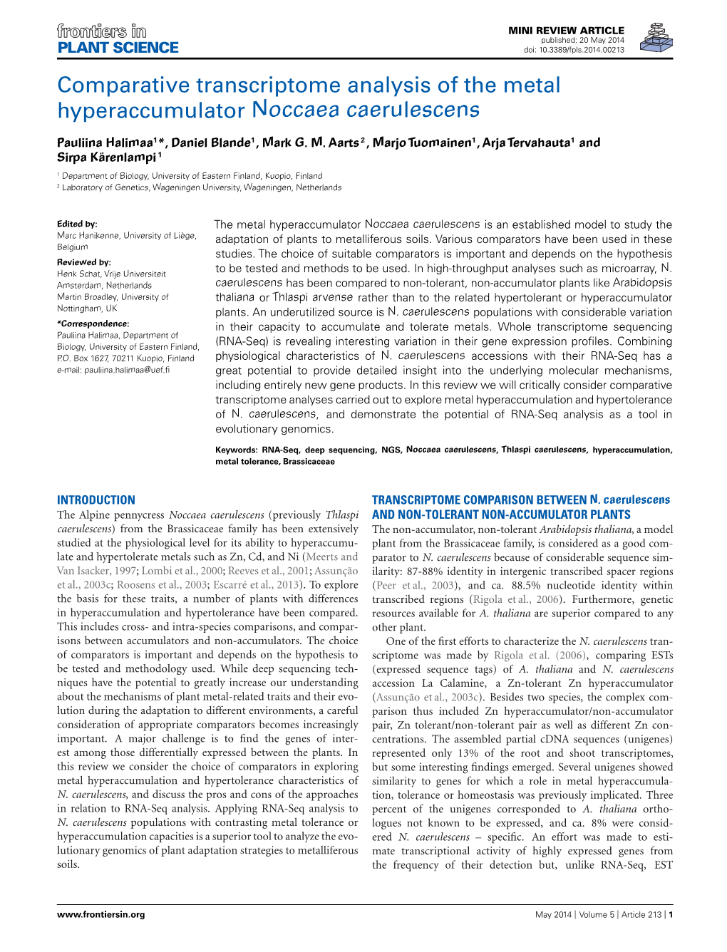 Comparative Transcriptome Analysis of the Metal Hyperaccumulator Noccaea Caerulescens