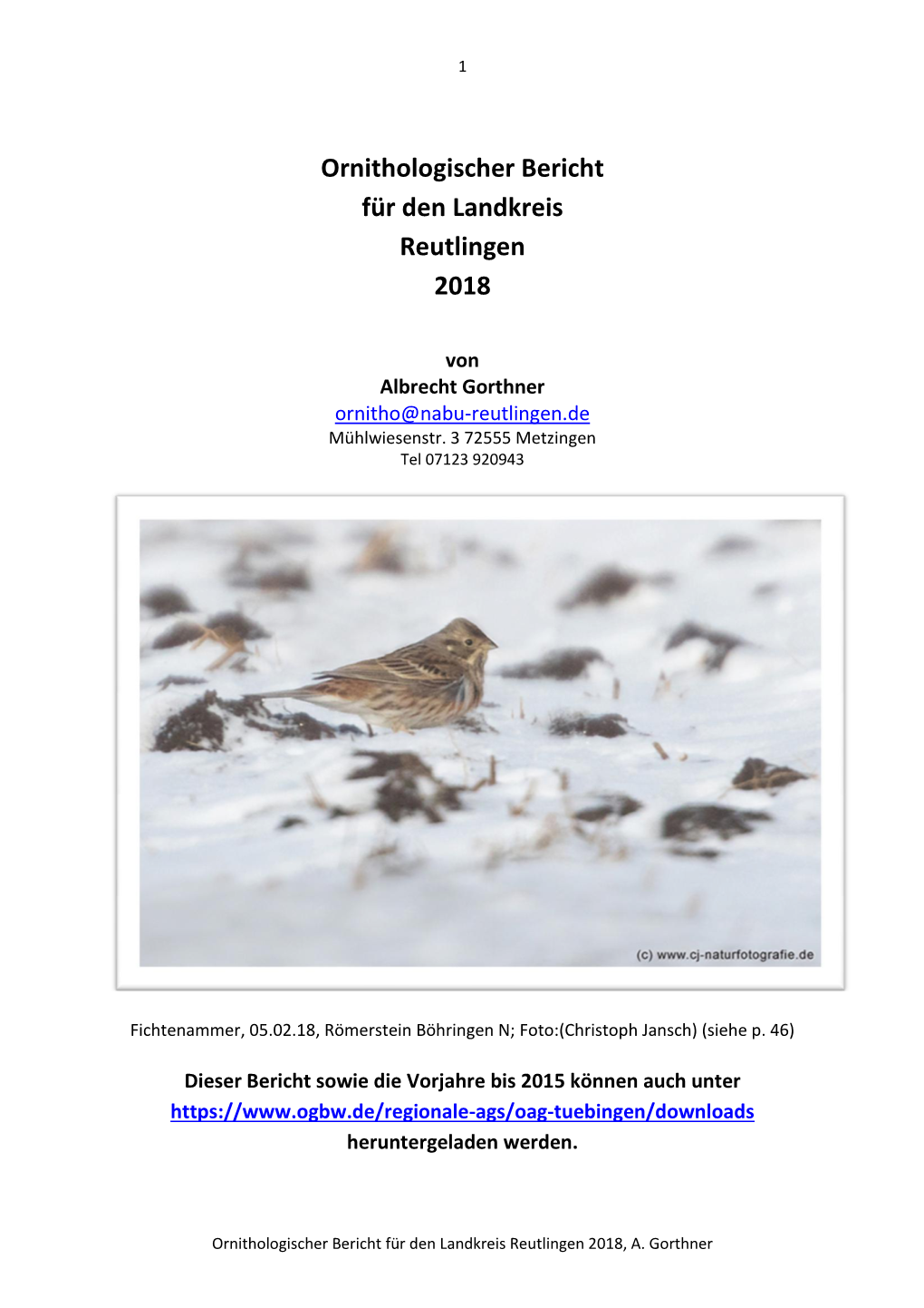 Ornithologischer Bericht Für Den Landkreis Reutlingen 2018