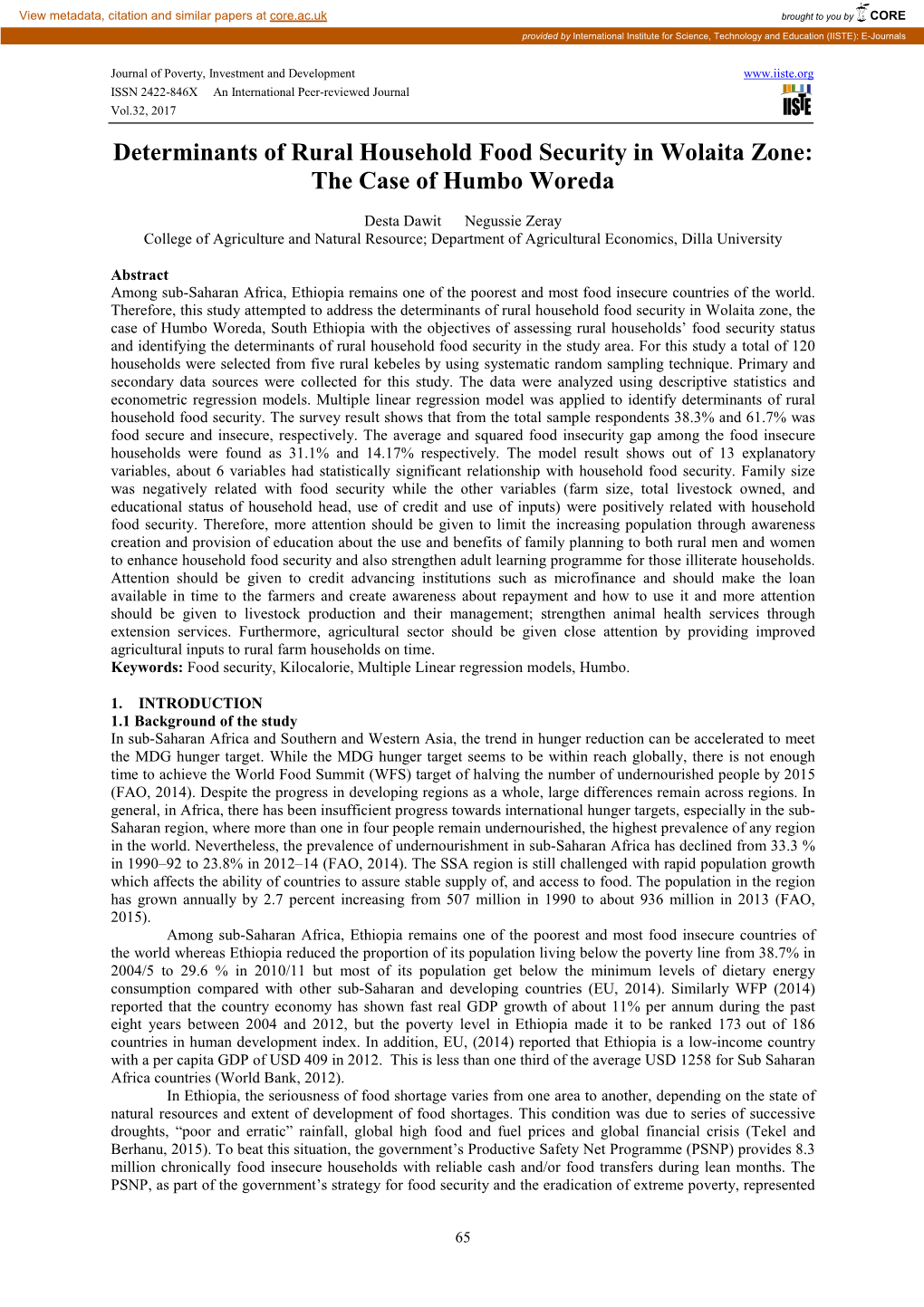 Determinants of Rural Household Food Security in Wolaita Zone: the Case of Humbo Woreda