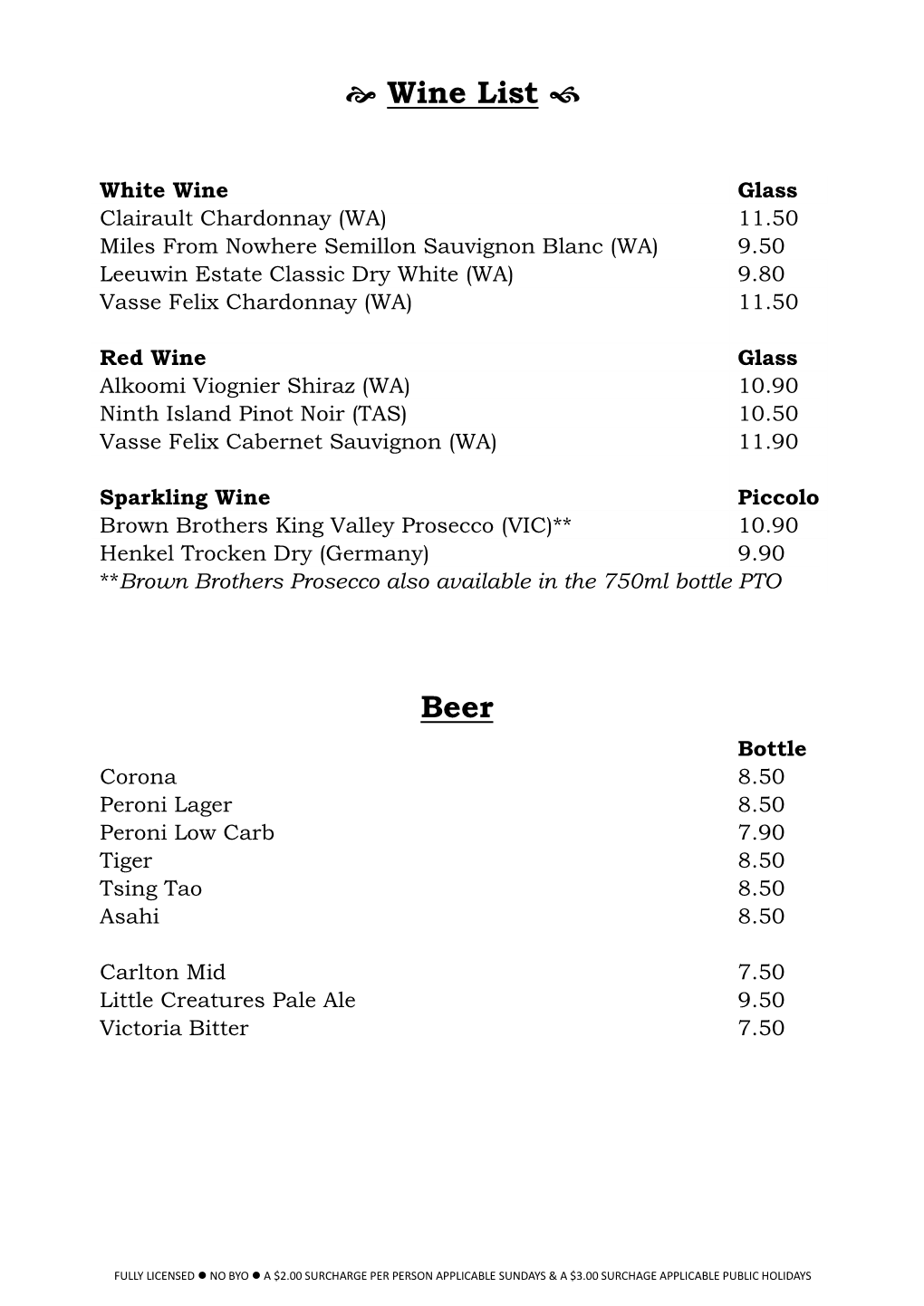 B Wine List D Beer