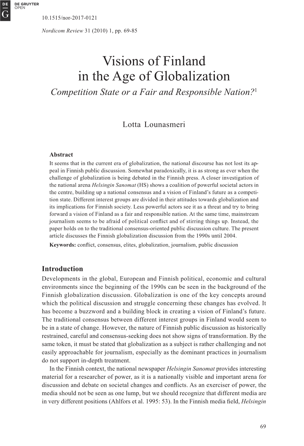 Visions of Finland in the Age of Globalization Competition State Or a Fair and Responsible Nation?1
