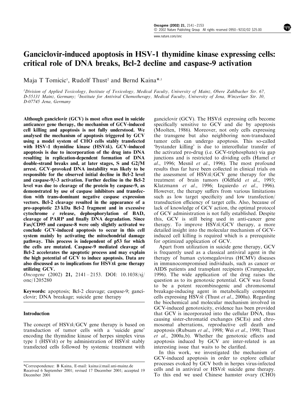 Ganciclovir-Induced Apoptosis in HSV-1 Thymidine Kinase Expressing Cells: Critical Role of DNA Breaks, Bcl-2 Decline and Caspase-9 Activation