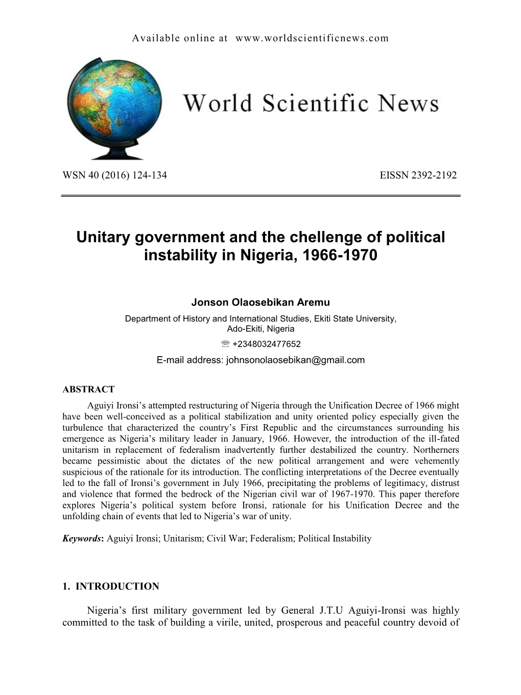 Unitary Government and the Chellenge of Political Instability in Nigeria, 1966-1970