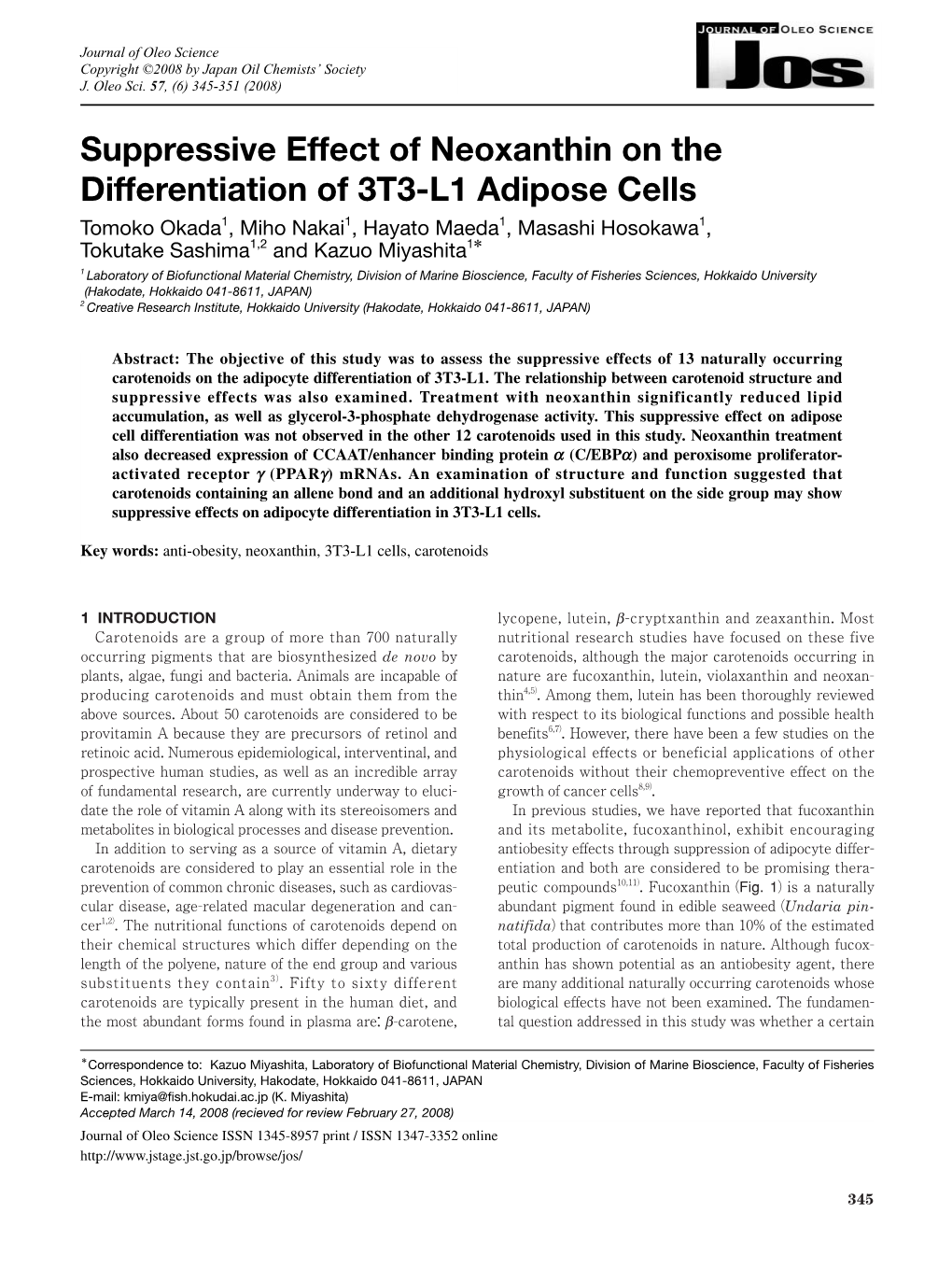 Suppressive Effect of Neoxanthin on the Differentiation of 3T3-L1 Adipose Cells