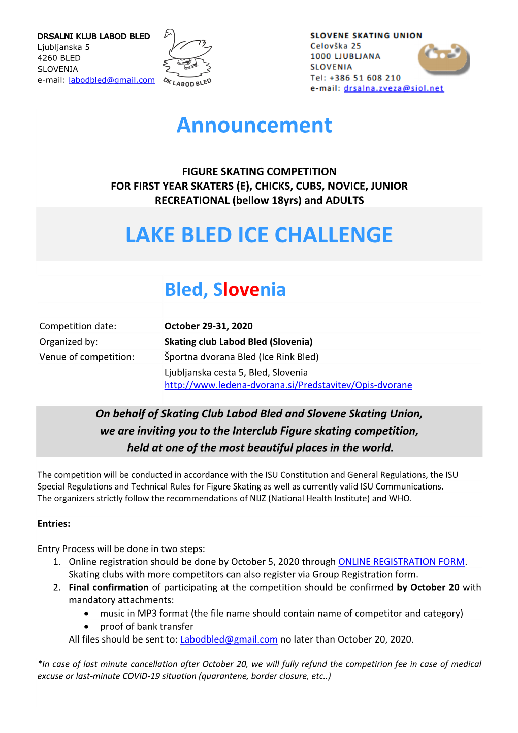 Announcement LAKE BLED ICE CHALLENGE