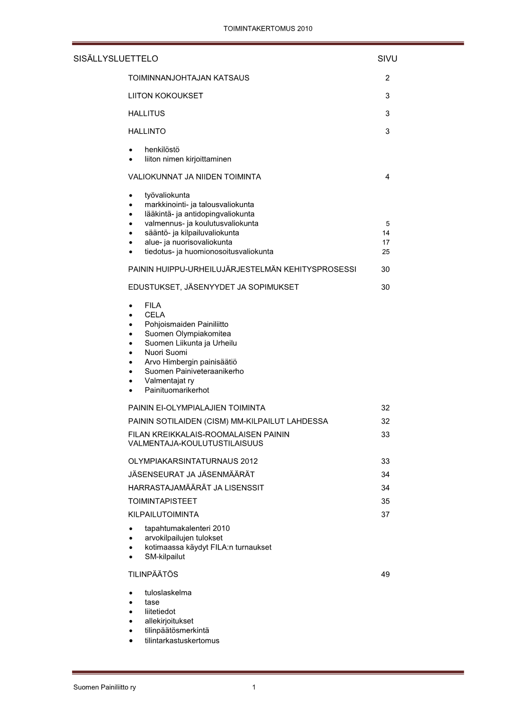 TOIMINTAKERTOMUS 2010 Suomen Painiliitto Ry 1