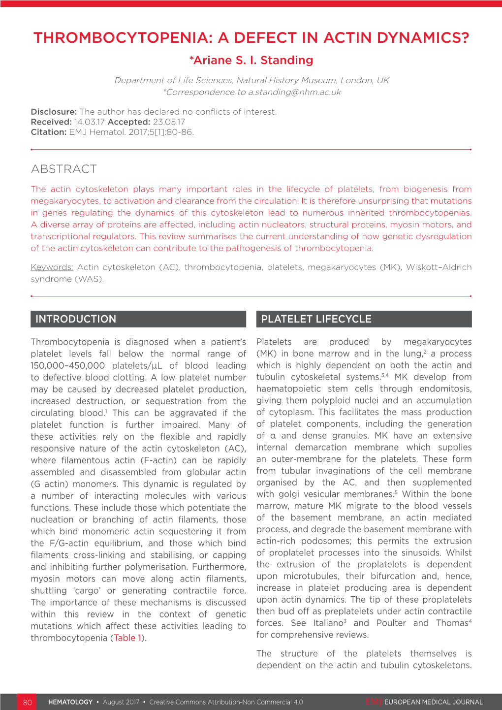 THROMBOCYTOPENIA: a DEFECT in ACTIN DYNAMICS? *Ariane S