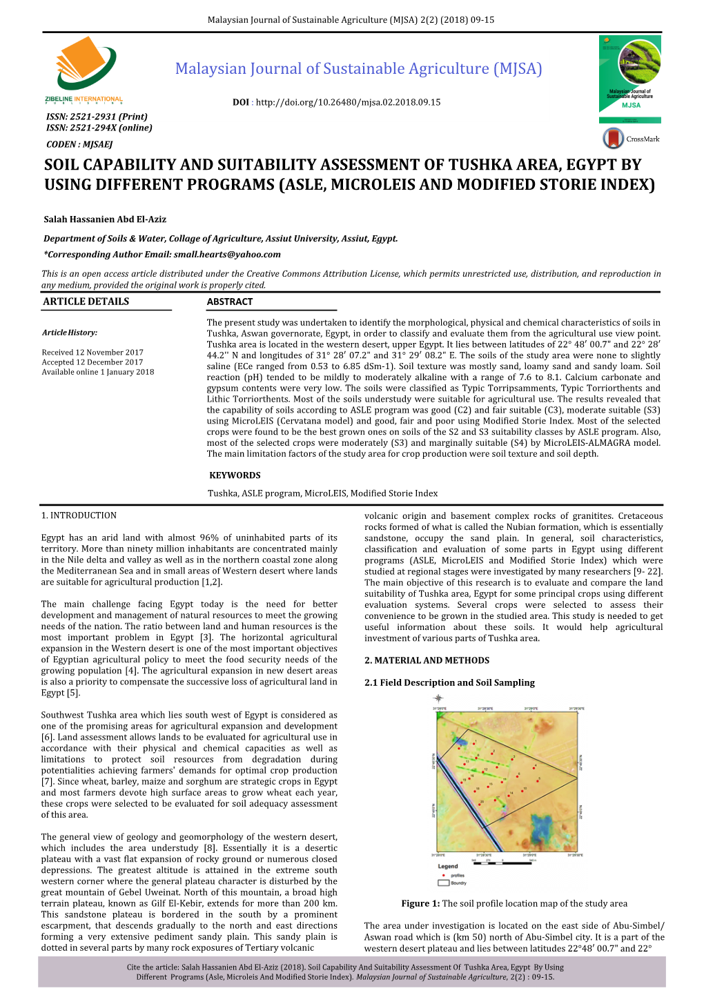 Soil Capability and Suitability Assessment of Tushka Area, Egypt by Using Different Programs (Asle, Microleis and Modified Storie Index)