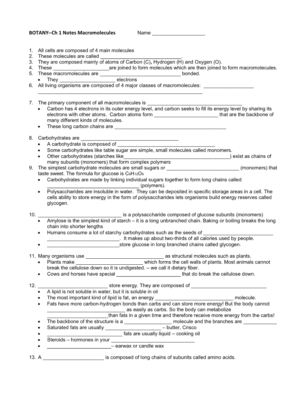 BOTANY–Ch 1 Notes Macromolecules Name ______