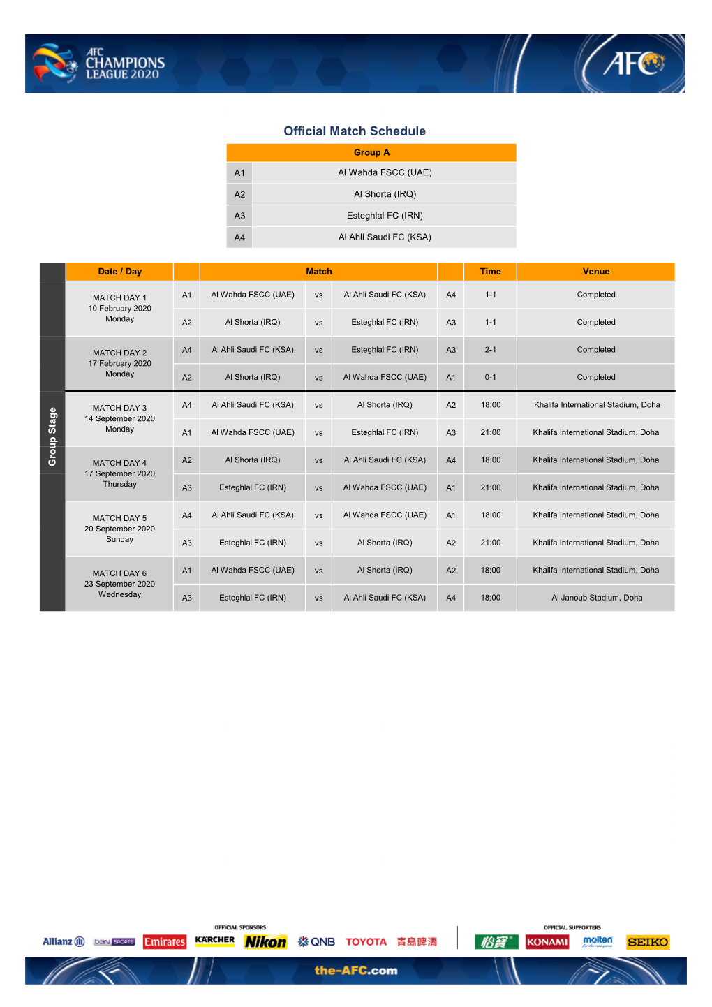 ACL20 West Match Schedule (With Venue and KO Times)