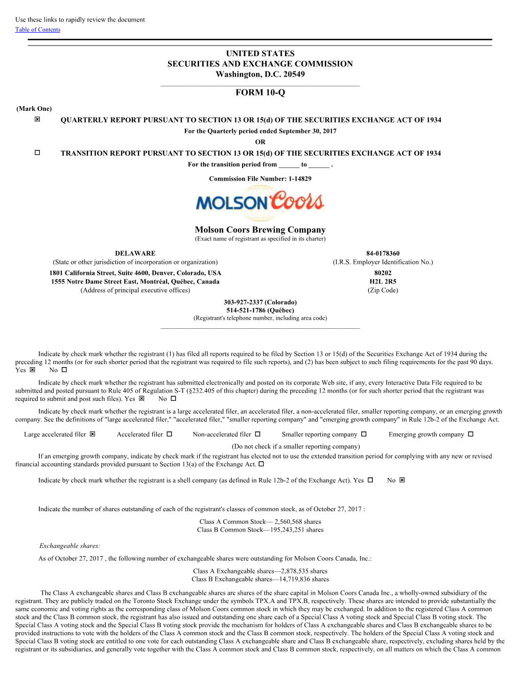 FORM 10-Q Molson Coors Brewing Company