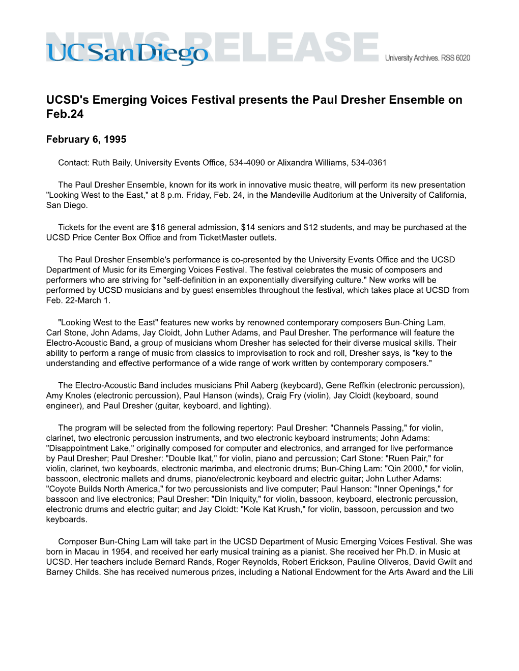 UCSD's Emerging Voices Festival Presents the Paul Dresher Ensemble on Feb.24