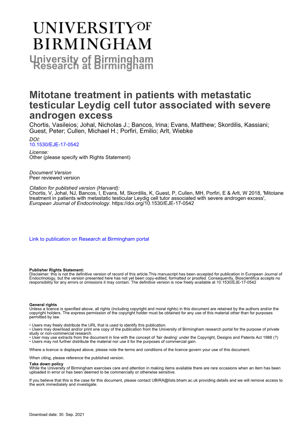 University of Birmingham Mitotane Treatment in Patients with Metastatic