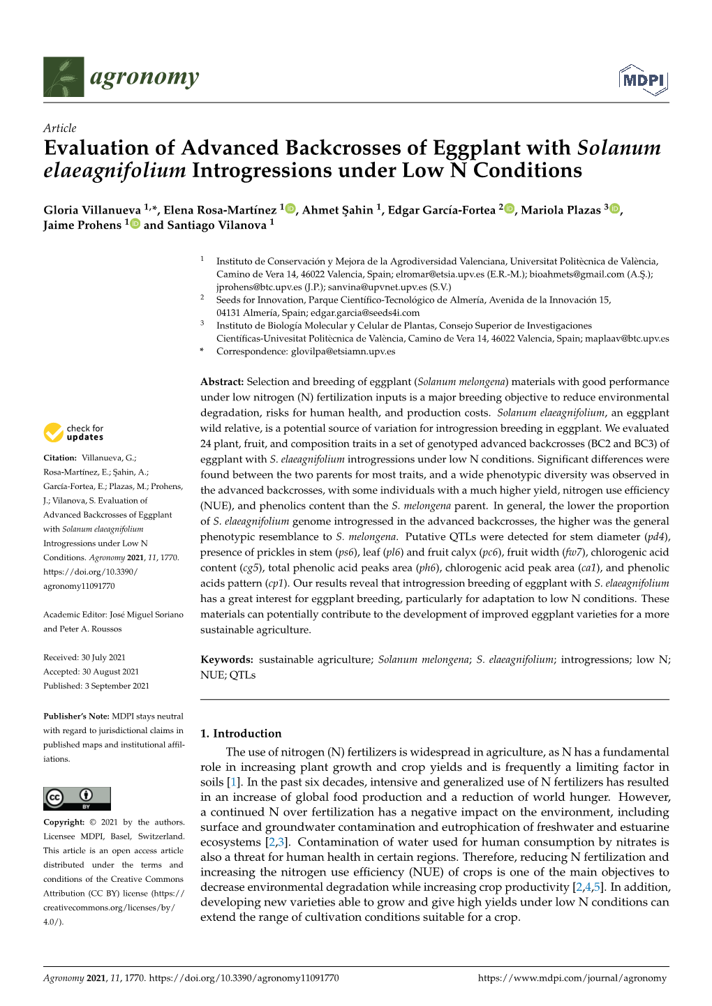 Evaluation of Advanced Backcrosses of Eggplant with Solanum Elaeagnifolium Introgressions Under Low N Conditions