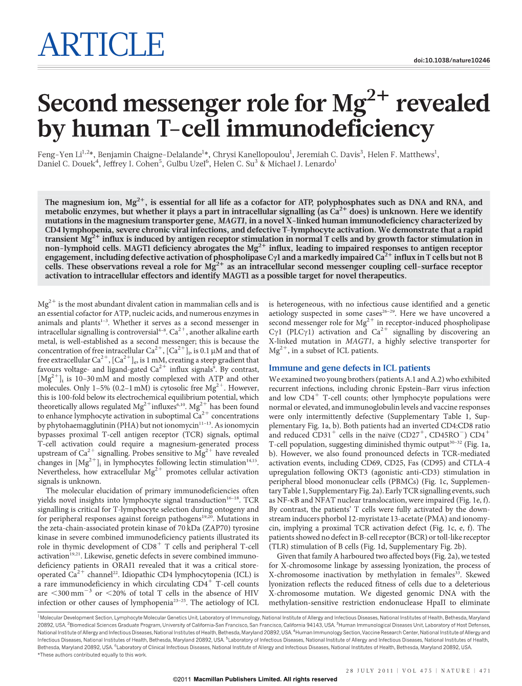 Second Messenger Role for Mg2+ Revealed by Human T-Cell