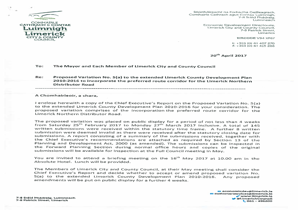 Limerick County Development Plan 2010 – 2016 As Extended, to Incorporate the Preferred Route Corridor for the Limerick Northern Distributor Road (LNDR)