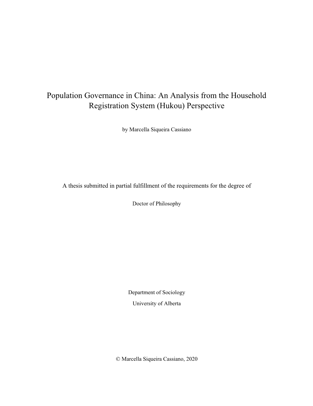 Population Governance in China: an Analysis from the Household Registration System (Hukou) Perspective