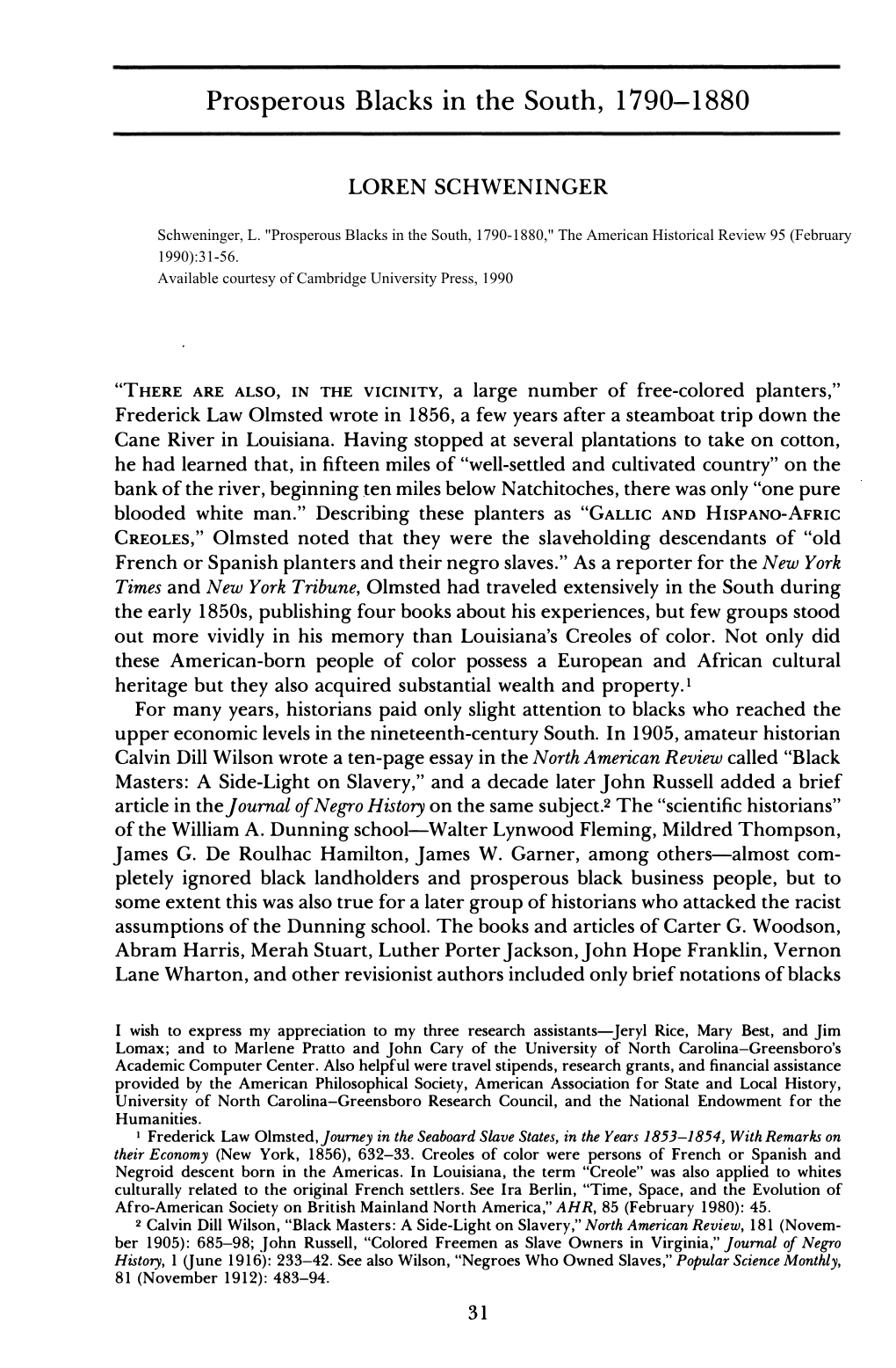 Prosperous Blacks in the South, 1790-1880