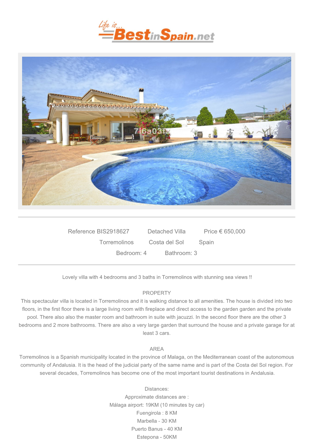 Reference BIS2918627 Detached Villa Price € 650,000 Torremolinos Costa Del Sol Spain Bedroom: 4 Bathroom: 3