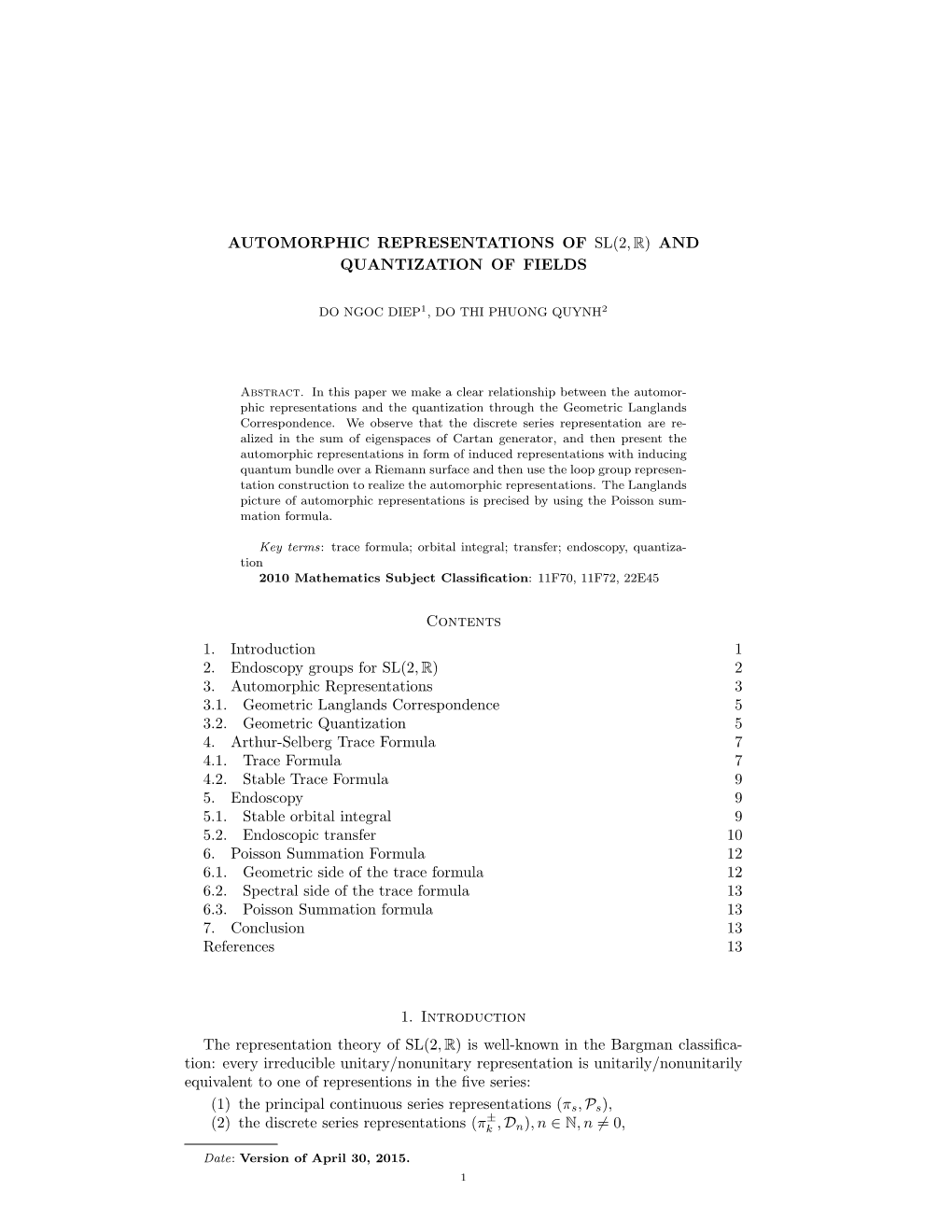 Automorphic Representations of Sl(2, R) and Quantization of Fields