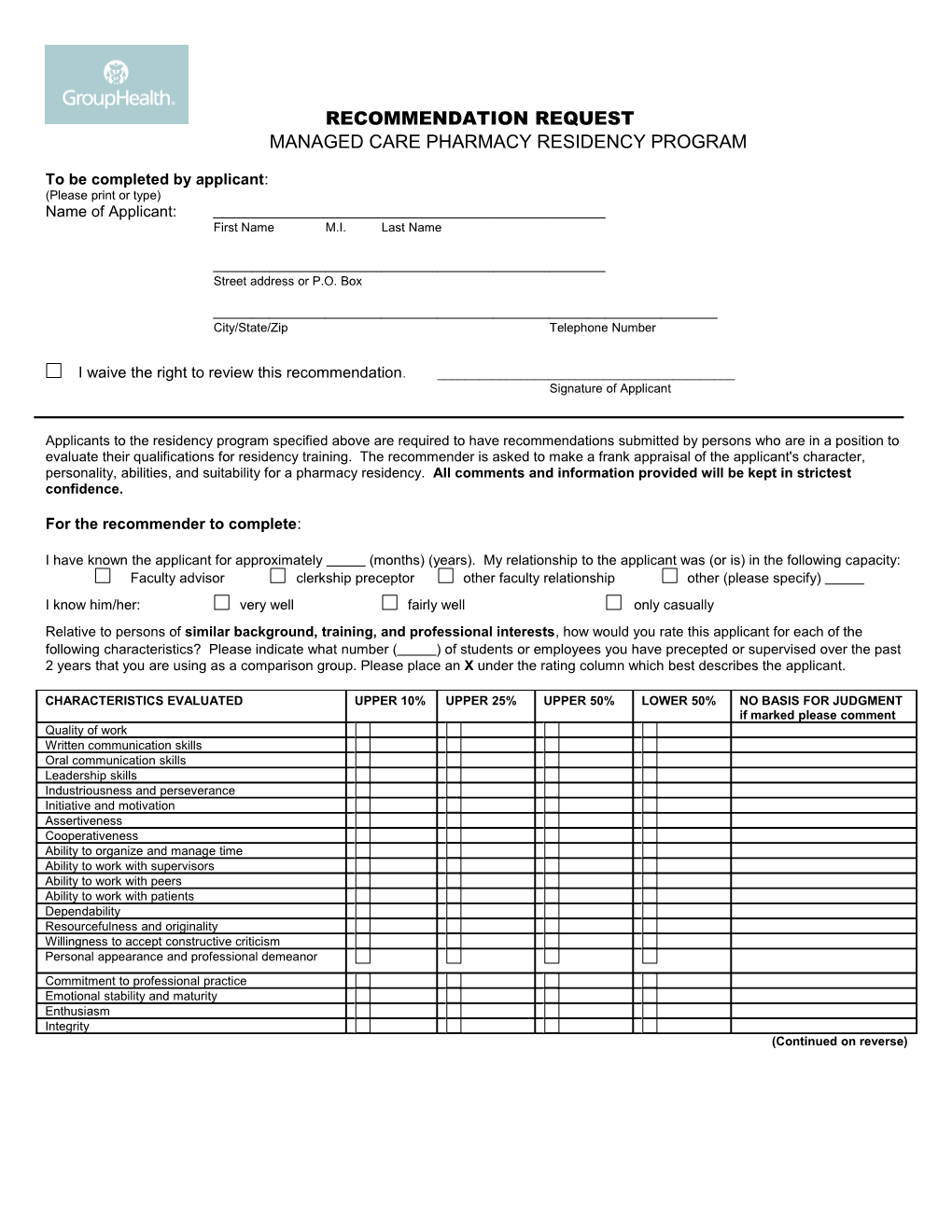 Group Health Managed Care Pharmacy Residency Program Reference